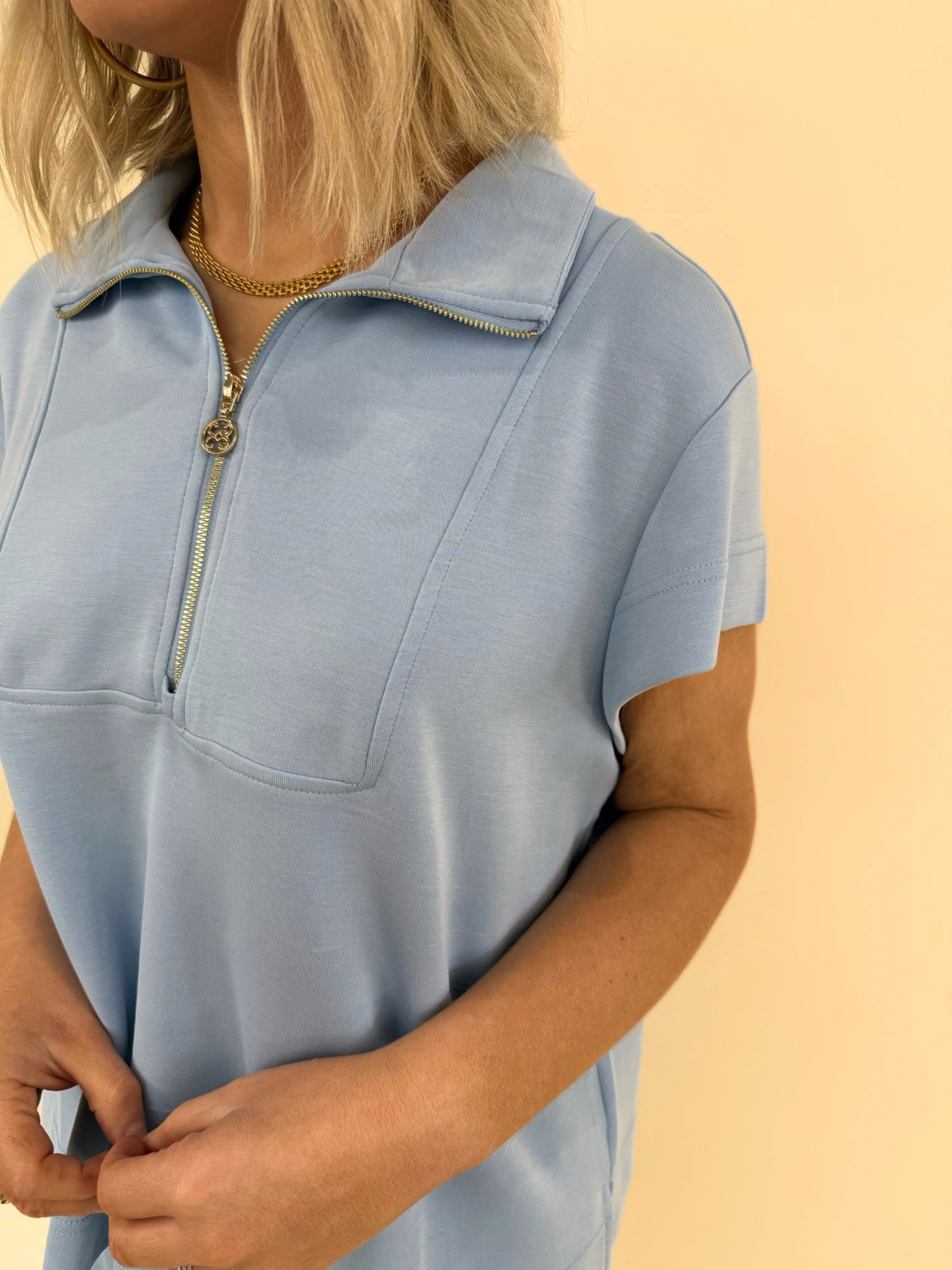 CloudSilk Weekend Set in soft blue modal blend with gold zip collar detail and cap sleeve top
