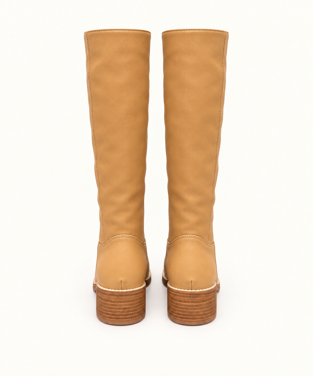 Rear view of Corkys Put Up or Shut Up camel knee-high boots featuring stitched shafts and block heels.