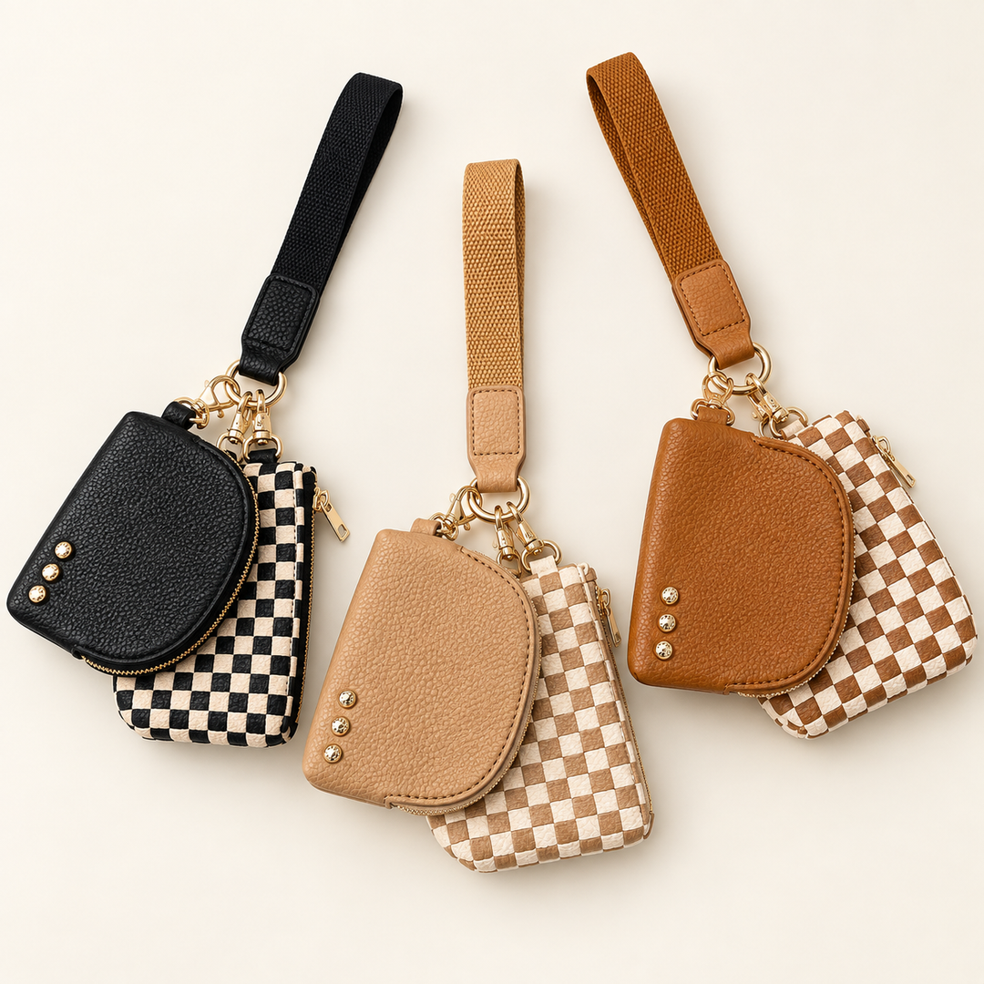 Wonderlust Woven Dual Pouch Wristlets in Black Checkered, Tan Checkered, and Brown Checkered with coordinating solid pouches.