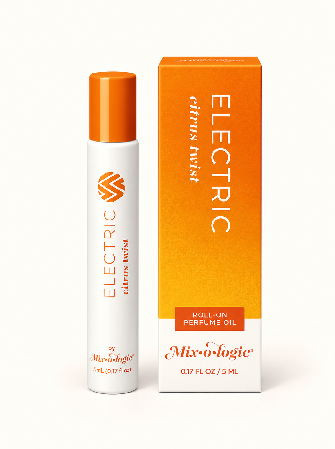 Mixologie Electric Citrus Twist 5 mL roll-on perfume oil with orange cap and orange-yellow gradient packaging on a cream studio background.