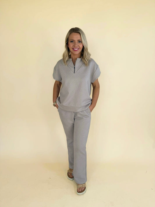 Corinne Textured Set in oatmeal with half zip short sleeve top and relaxed wide leg pants