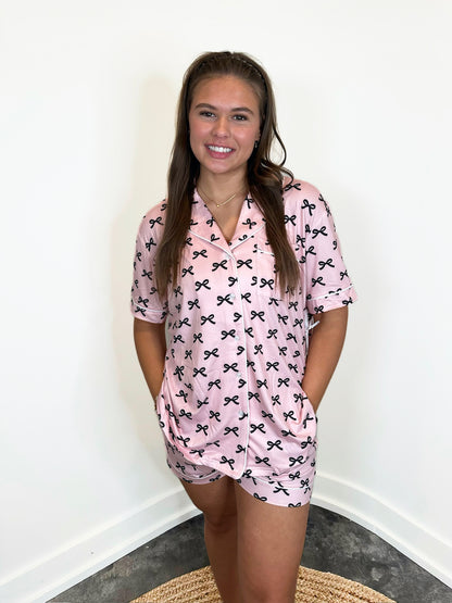 Black & Pink Mini Coquette Bows Loungewear Set