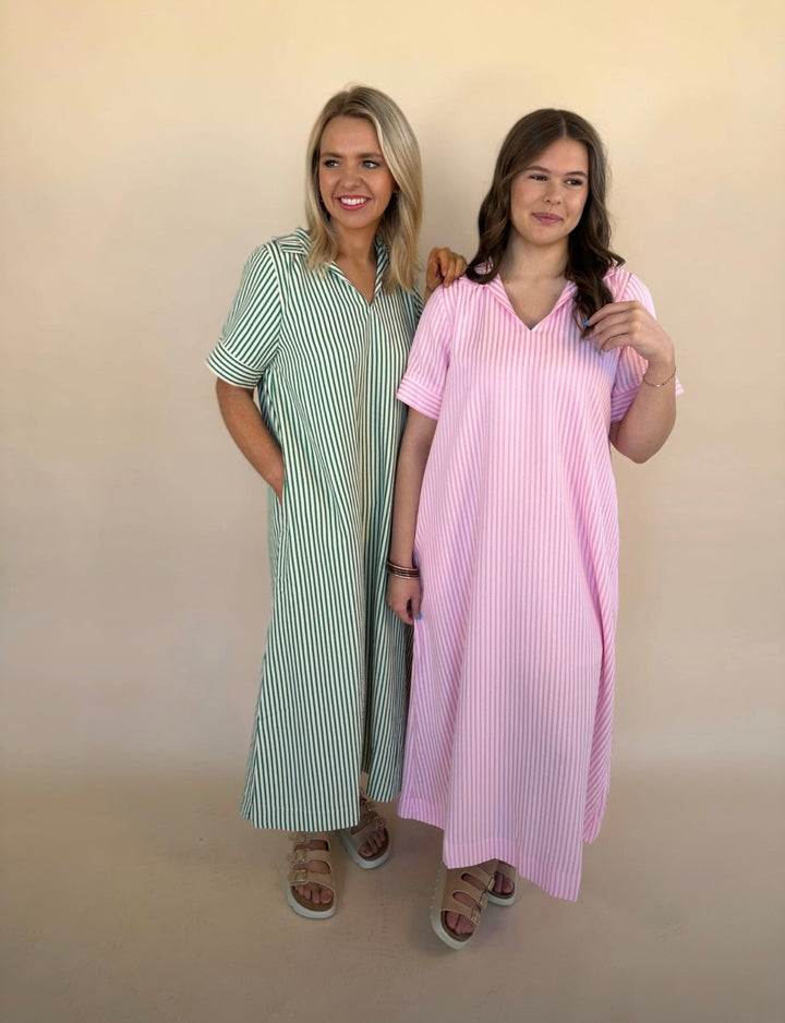 Raina Split Neck Striped Midi Dress