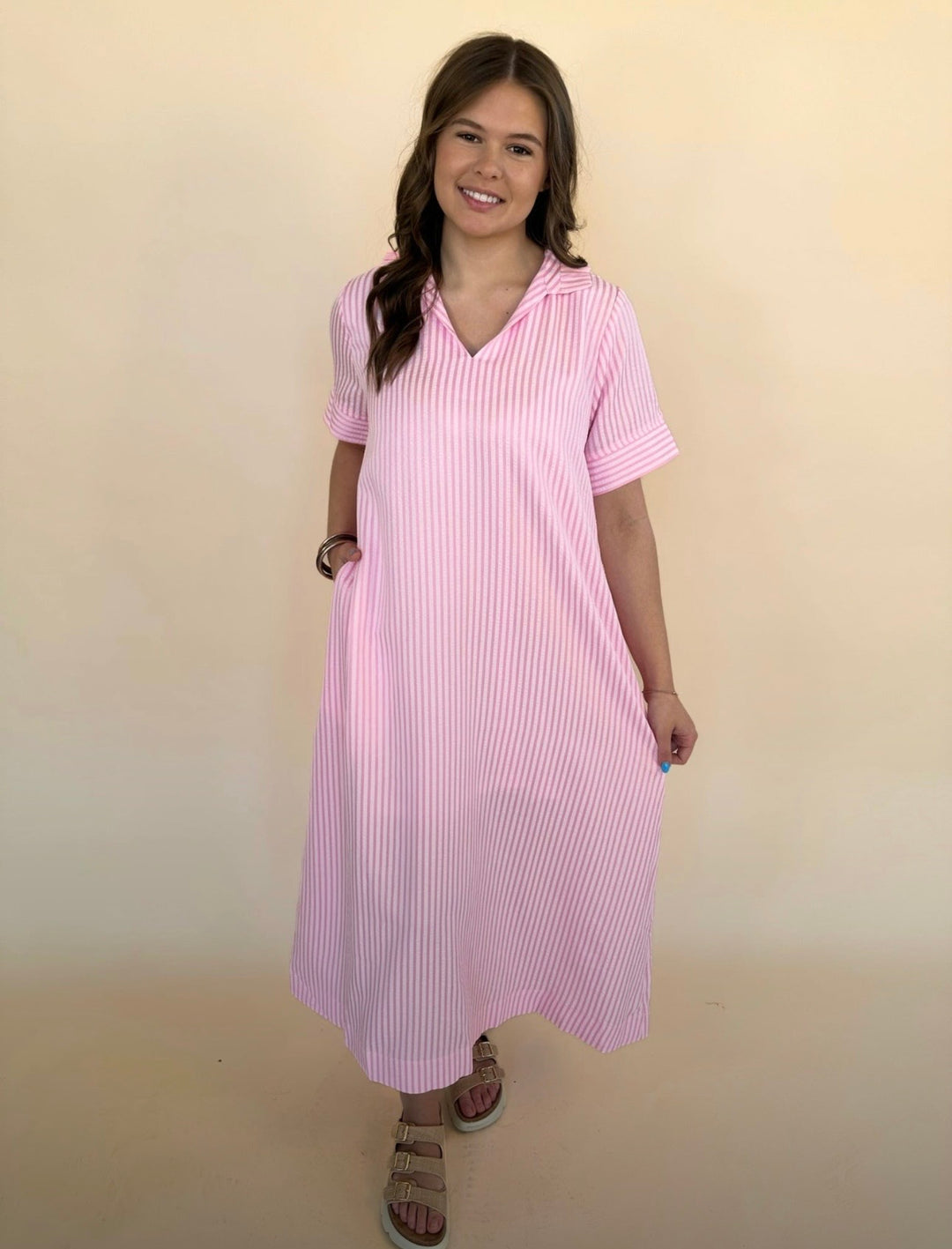 Raina Split Neck Striped Midi Dress