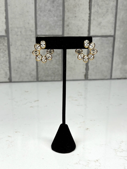 Chan Sutt Pearls Gold oval crystal cluster stud earrings on display stand – elegant statement earrings for women