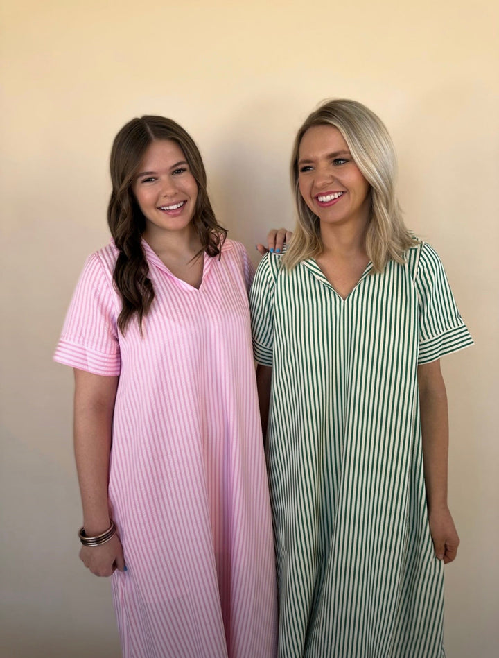Raina Split Neck Striped Midi Dress