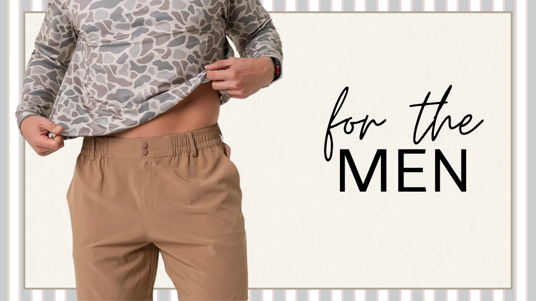 Person wearing a patterned shirt and beige pants with text 'for the MEN' on a white background | Square 1 Boutique | Brent, AL