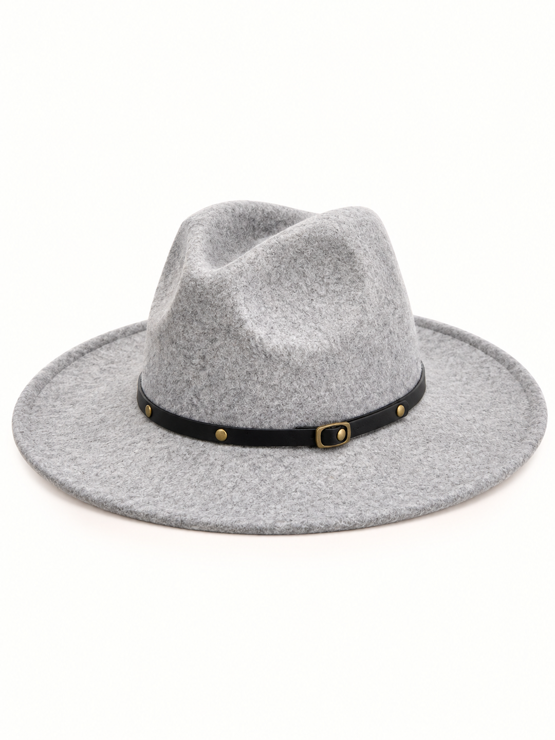 Light gray wide brim felt western fedora hat featuring a structured pinched crown, heathered wool blend texture, and black hat band with antique gold buckle on a cream background.