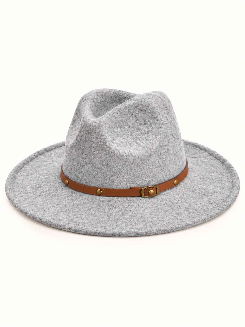 Women's light gray wool blend western hat with a stiff wide brim, structured fedora crown, and tan brown adjustable band featuring antique gold buckle and stud details on a cream background.