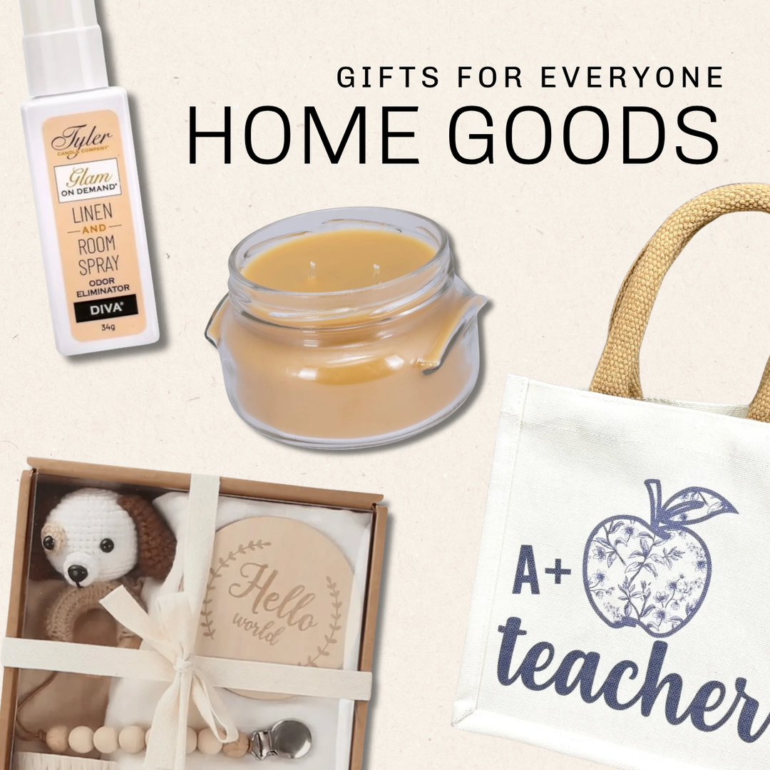 Collection of home goods including a candle, baby gift set, and 'A+ Teacher' tote bag on a light background | Square 1 Boutique | Brent, AL