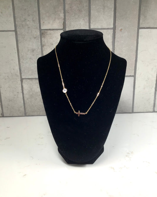 Gold Cable Chain Necklace with Crystal and Cross