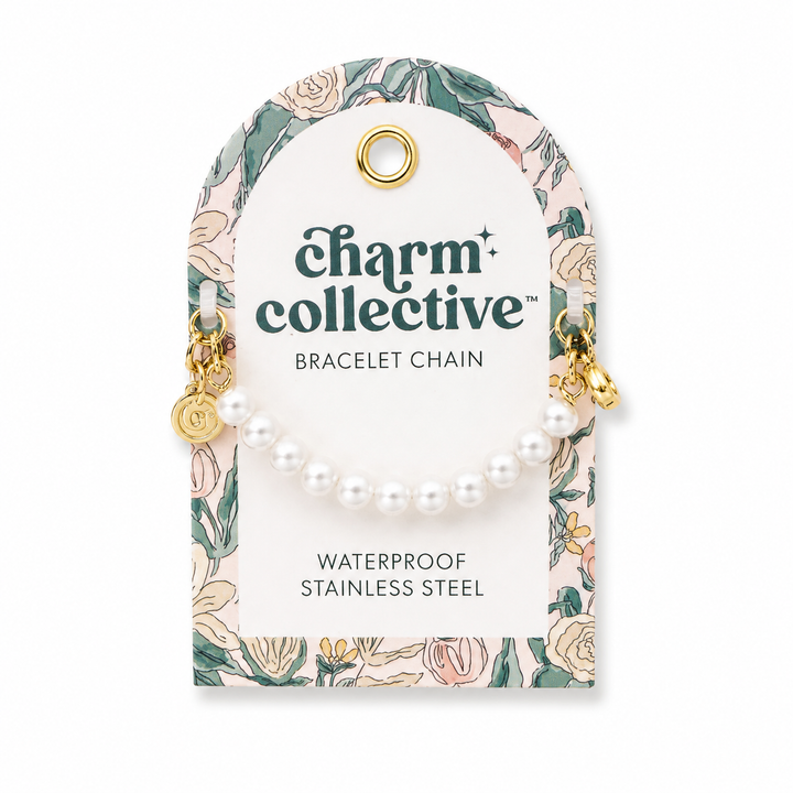 Charm Collective by Soul Stacks pearl bracelet chain with gold hardware, waterproof stainless steel design for custom charm bracelets.