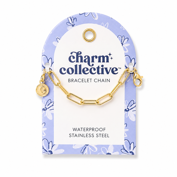 Charm Collective by Soul Stacks gold paperclip bracelet chain, waterproof stainless steel design for creating a custom charm bracelet.