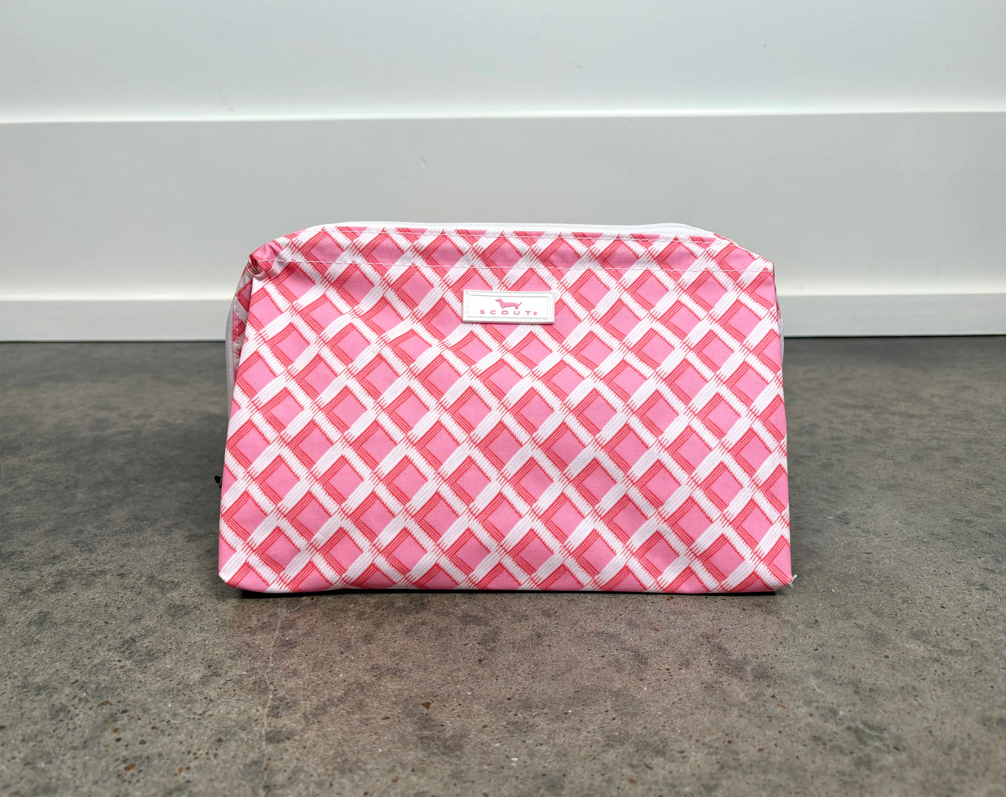 Big Mouth Makeup Bag in Garden Gate print with pink and white lattice pattern, structured zip pouch for cosmetics and travel essentials.