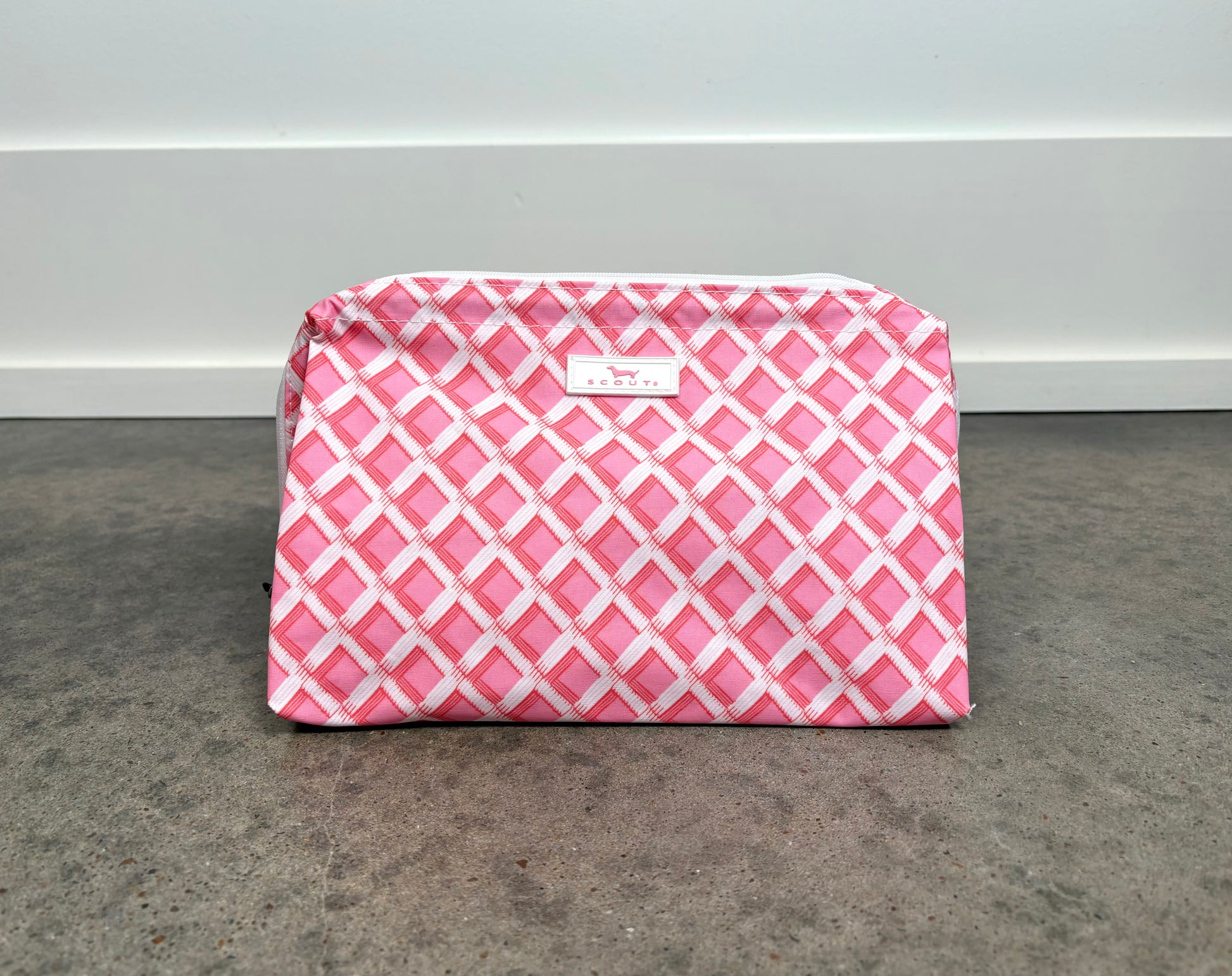 Big Mouth Makeup Bag in Garden Gate print with pink and white lattice pattern, structured zip pouch for cosmetics and travel essentials.