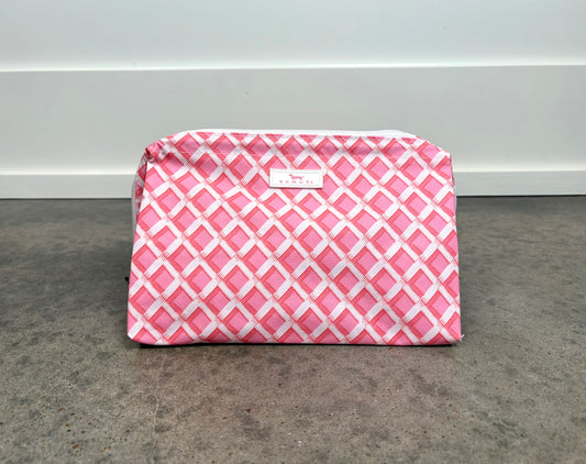 Big Mouth Makeup Bag in Garden Gate print with pink and white lattice pattern, structured zip pouch for cosmetics and travel essentials.