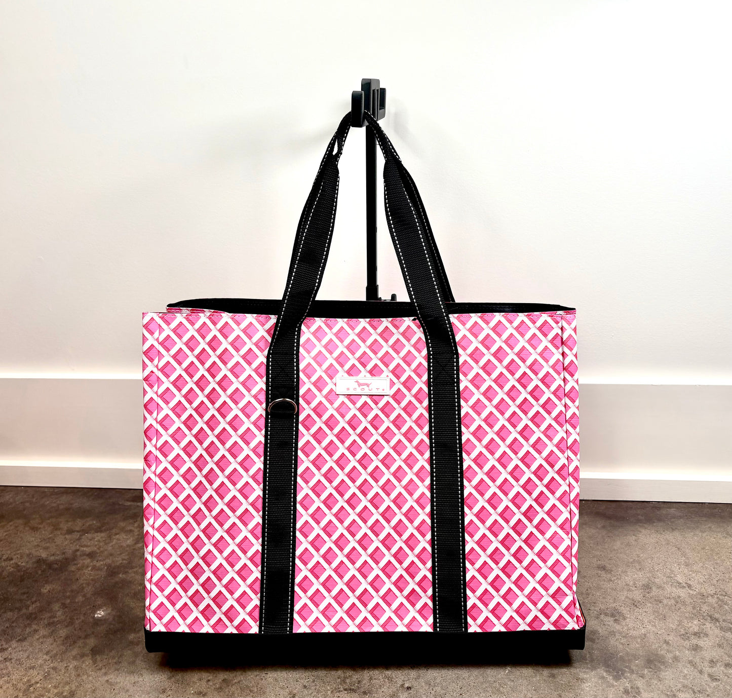 Original Deano Tote Large Bag in Garden Gate pink and white lattice print, oversized reusable tote with black handles and structured base.