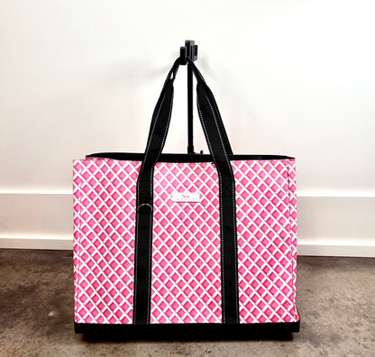 Original Deano Tote Large Bag in Garden Gate pink and white lattice print, oversized reusable tote with black handles and structured base.