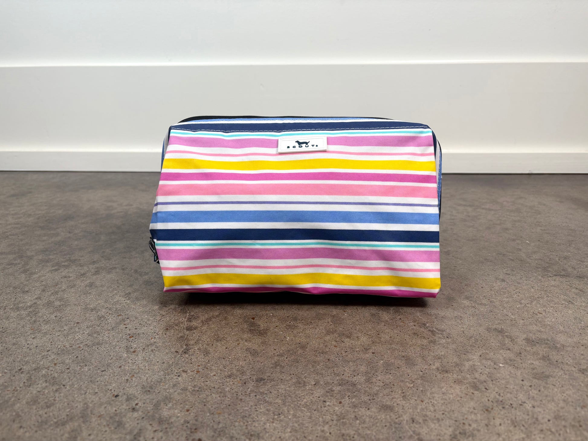 Big Mouth Makeup Bag in Stripe a Pose with colorful horizontal stripes, roomy zippered makeup bag for beauty and travel.