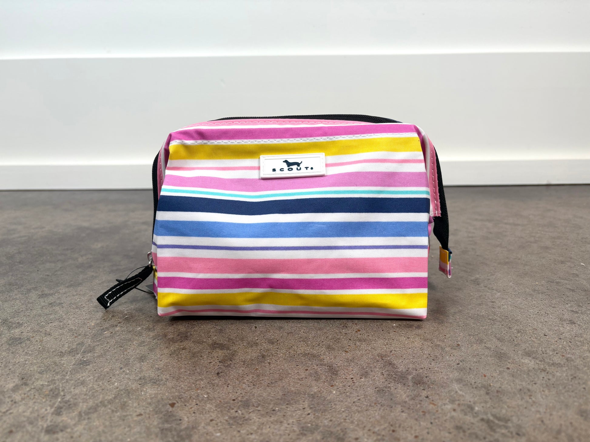 Little Mouth Makeup Bag in Stripe a Pose with colorful horizontal stripes, compact cosmetic bag for travel and daily use.