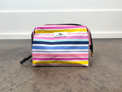 Little Mouth Makeup Bag in Stripe a Pose with colorful horizontal stripes, compact cosmetic bag for travel and daily use.