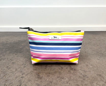 Twiggy Pouch in Stripe a Pose with colorful horizontal stripes, slim zippered pouch for cosmetics, accessories, or travel essentials.