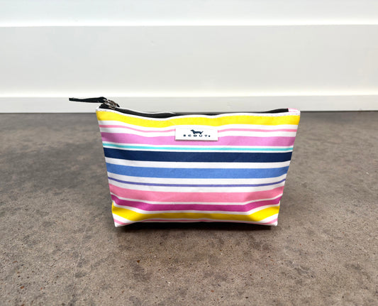 Twiggy Pouch in Stripe a Pose with colorful horizontal stripes, slim zippered pouch for cosmetics, accessories, or travel essentials.