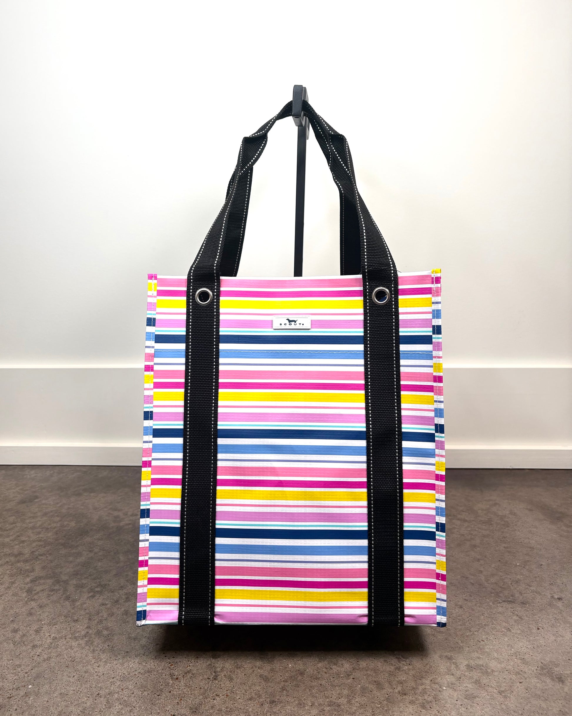 Bagette Market Tote Bag in Stripe a Pose with colorful horizontal stripes, structured reusable tote with black handles.