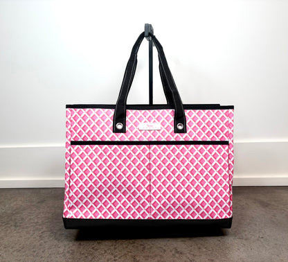 Ben Pocket Tote Bag in Garden Gate pink and white lattice print, structured reusable tote with front exterior pockets and black handles.