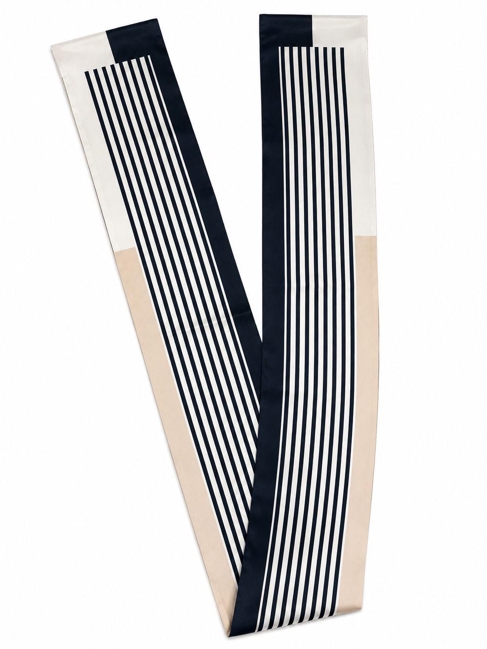 A long rectangular scarf with a color-blocked design featuring navy blue, cream, and beige sections with vertical stripe patterns, shown on a plain white background.