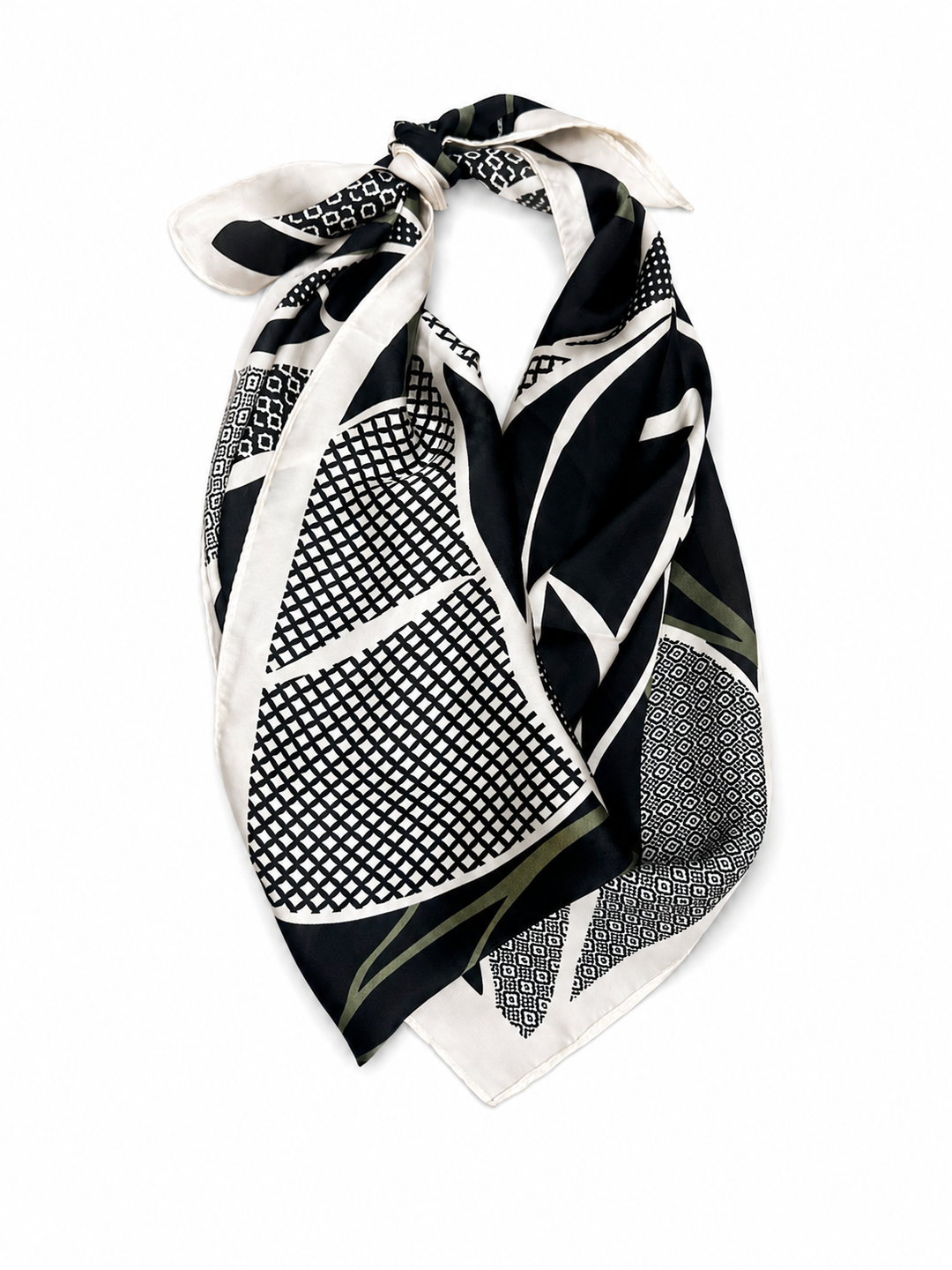 A square silk scarf with a black, white, and sage geometric pattern, tied in a knot against a plain white background.