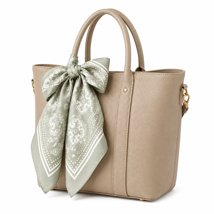 A structured beige leather tote bag with double top handles and a large sage green patterned silk scarf tied in a bow around the front, shown on a plain white background.