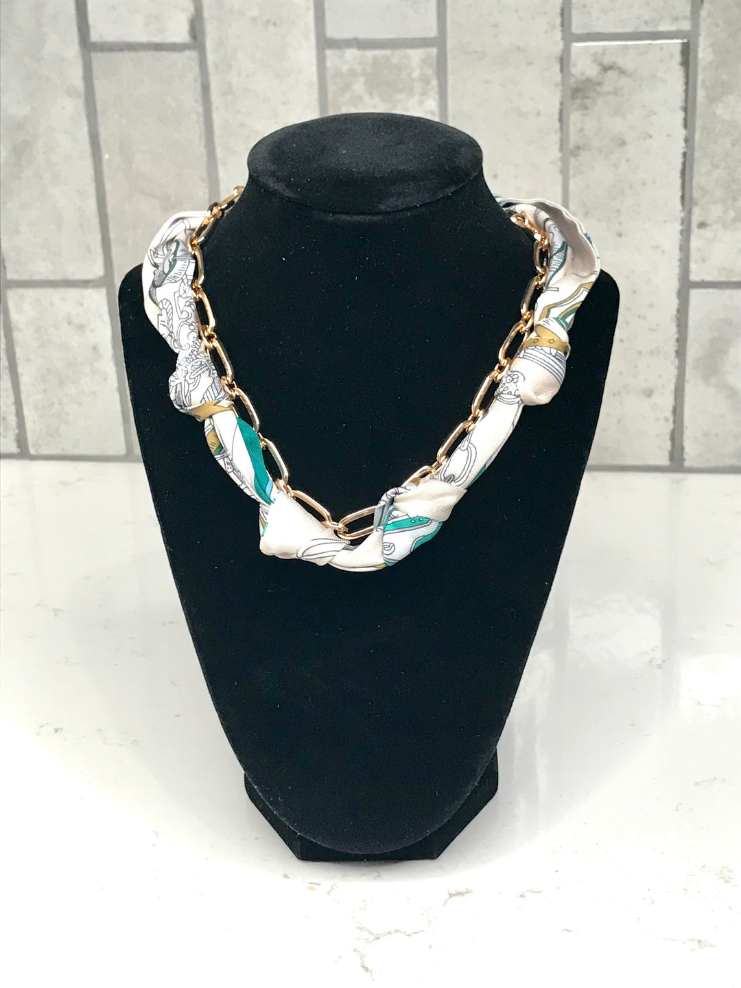 Cream and Turquoise Knotted Scarf Chain Necklace