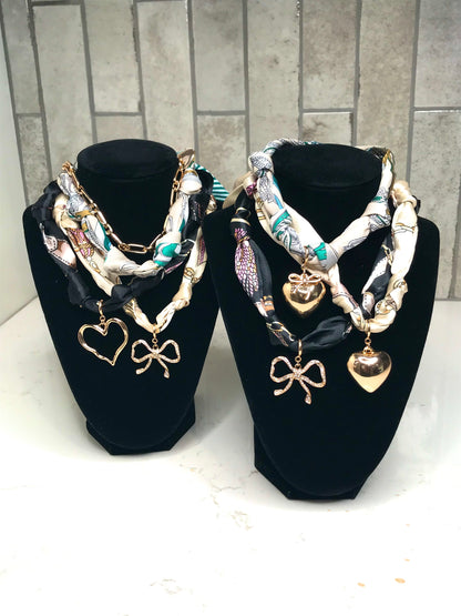 Cream and Turquoise Knotted Scarf Necklace