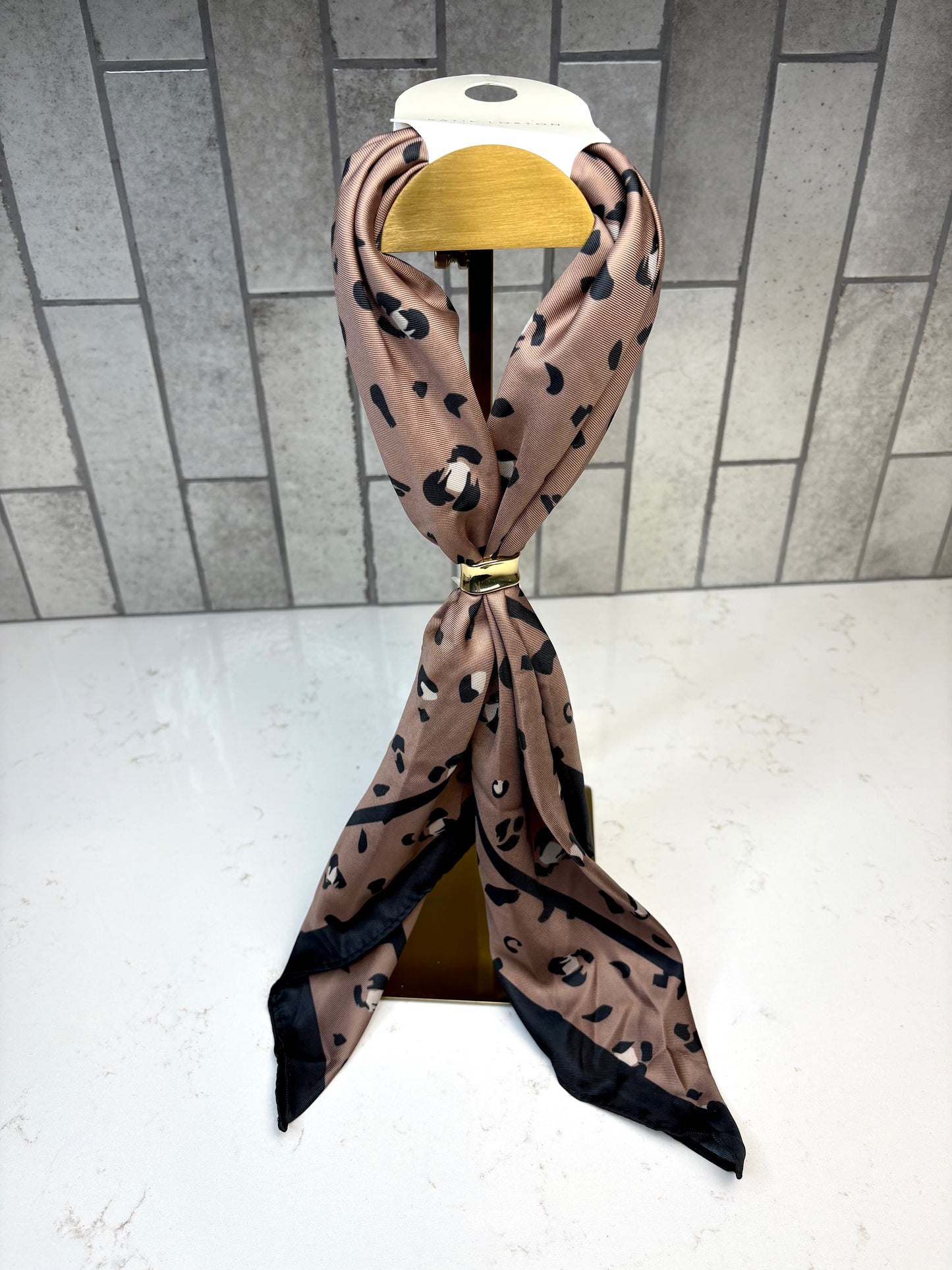 Katie Loxton Satin Multiway Scarf in mocha leopard print satin square scarf.