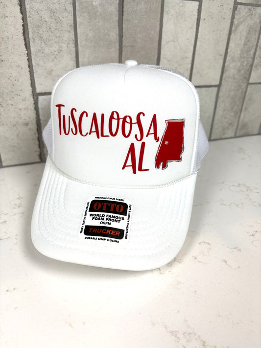 White Tuscaloosa AL trucker hat with red embroidery and Alabama state graphic