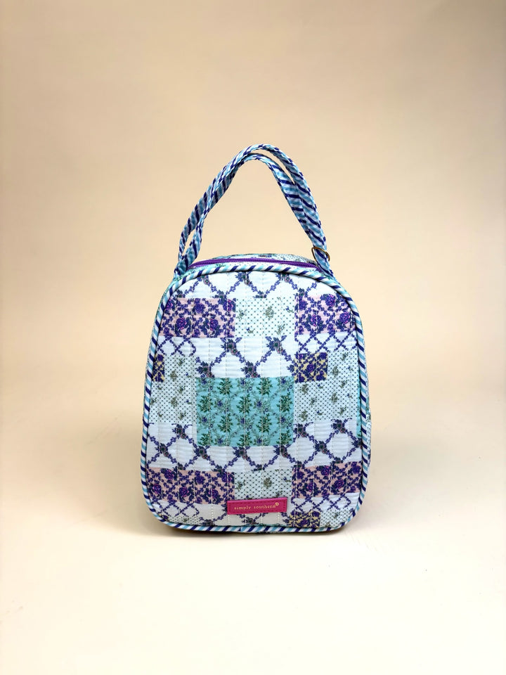 Simply Southern Trail Patch quilted insulated lunch bag with dual carry handles and purple zipper.