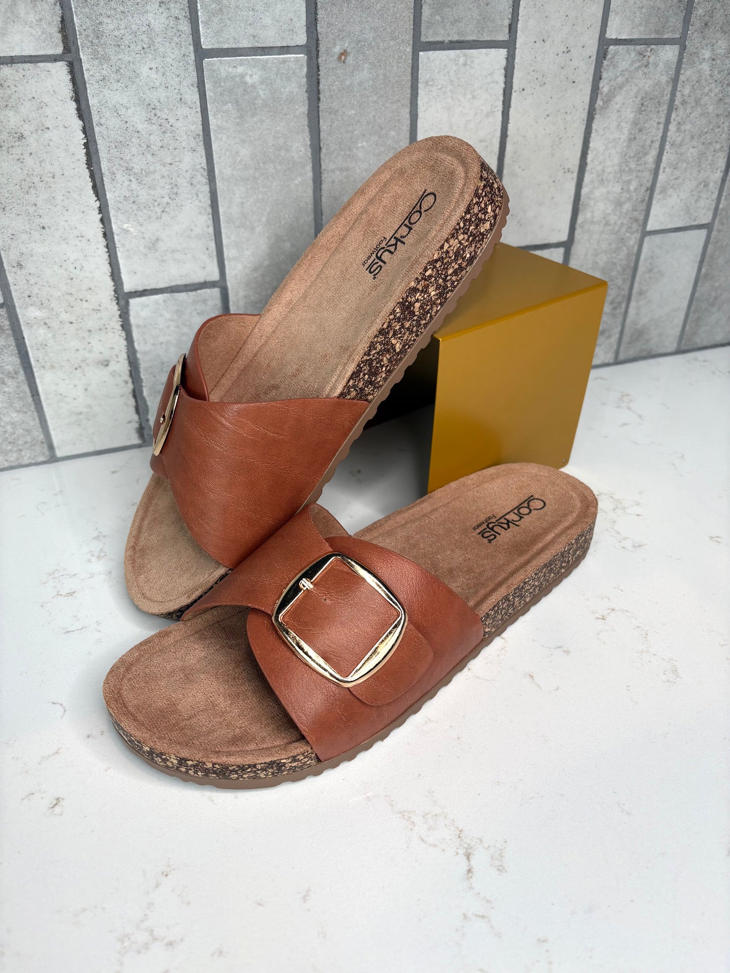 Corkys Road Trip cognac sandal with oversized gold buckle and cork sole, women’s comfortable slide sandal for summer outfits