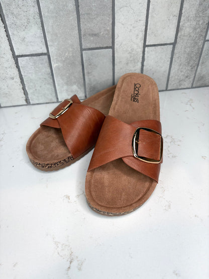 Corkys Road Trip cognac slide sandal with gold buckle detail and cushioned cork-style footbed, women’s casual summer slip-on sandal