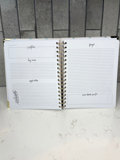Christian devotional journal interior with guided sections for scripture, key verses, application, prayer, and gratitude for daily Bible study and faith journaling.