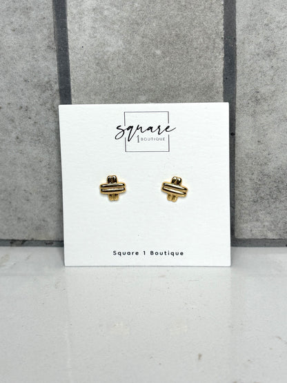 Gold knot stud earrings on Square 1 Boutique card – dainty everyday women’s jewelry accessory