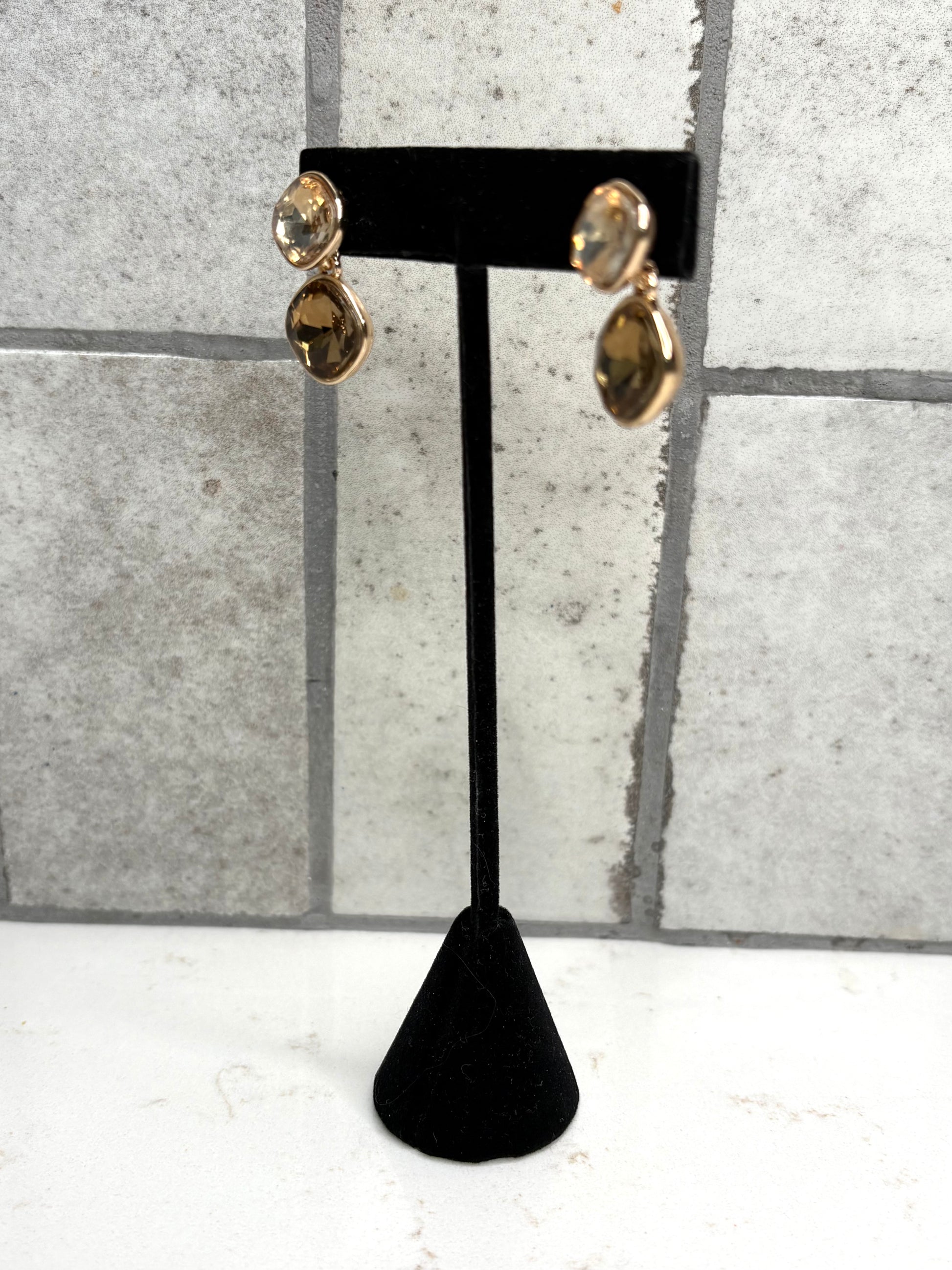 Gold framed crystal drop earrings with champagne and brown tones – dressy statement earrings for women