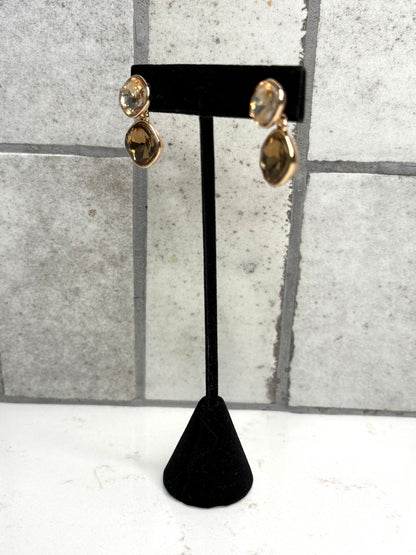 Gold framed crystal drop earrings with champagne and brown tones – dressy statement earrings for women