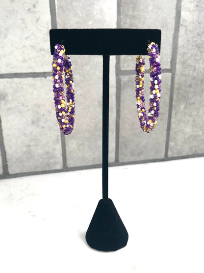Paradise Beaded Hoop Earrings in Purple/Yellow