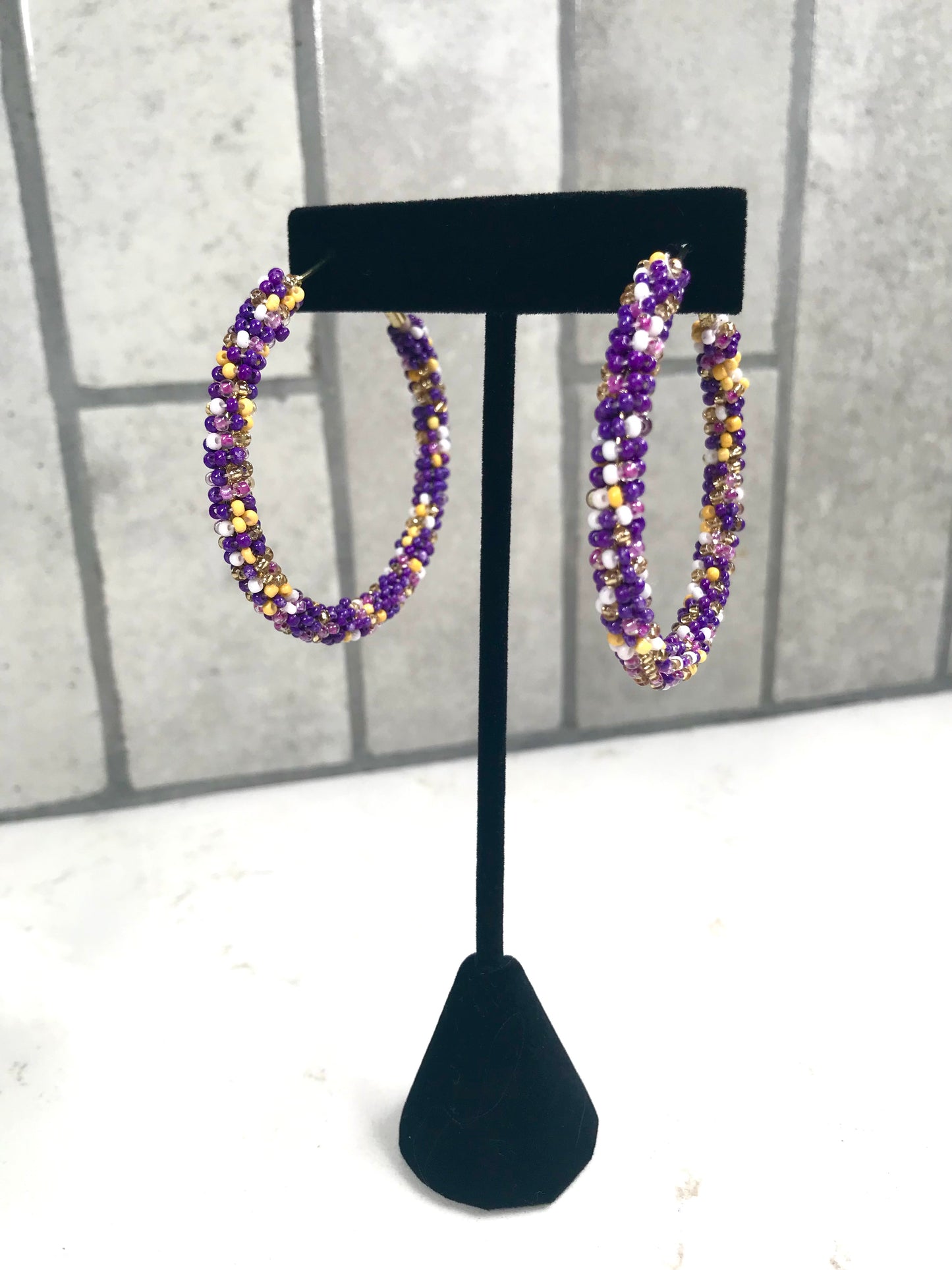 Paradise Beaded Hoop Earrings in Purple/Yellow