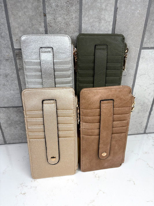 Women’s phone wallet wristlet clutch with card slots and zipper pouch in silver, gold, tan, and olive green