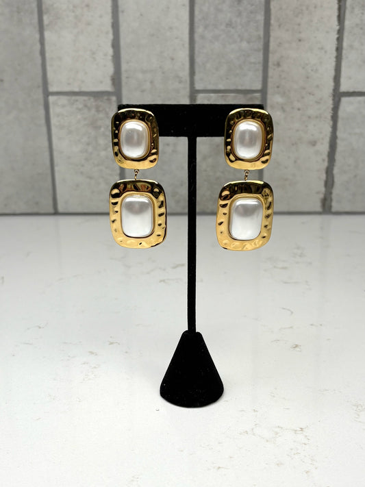 Chan Sutt Pearls Gold hammered double drop pearl earrings on display stand – elegant statement earrings for women