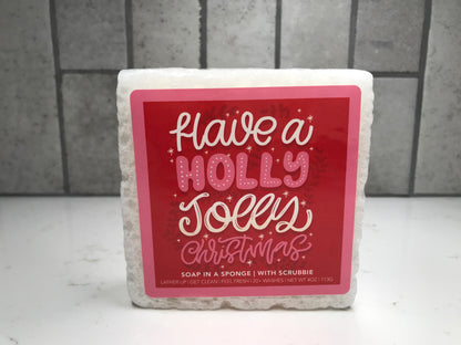 Soap in a sponge with a red label on a tiled background
