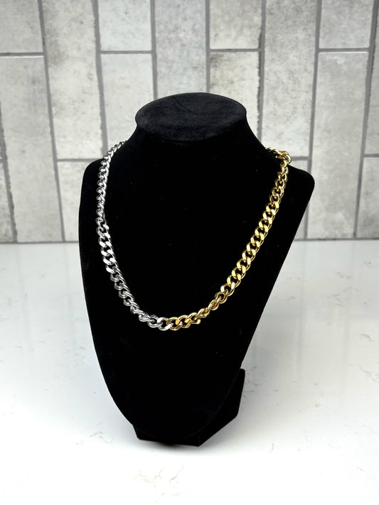 Chan Sutt Pearls two-tone chunky chain necklace on black display – gold and silver link statement necklace for women