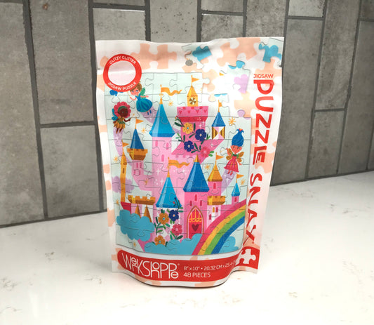 Fairy Castle 48 piece Puzzle Snax by WerkShoppe in resealable pouch packaging with colorful castle and rainbow illustration